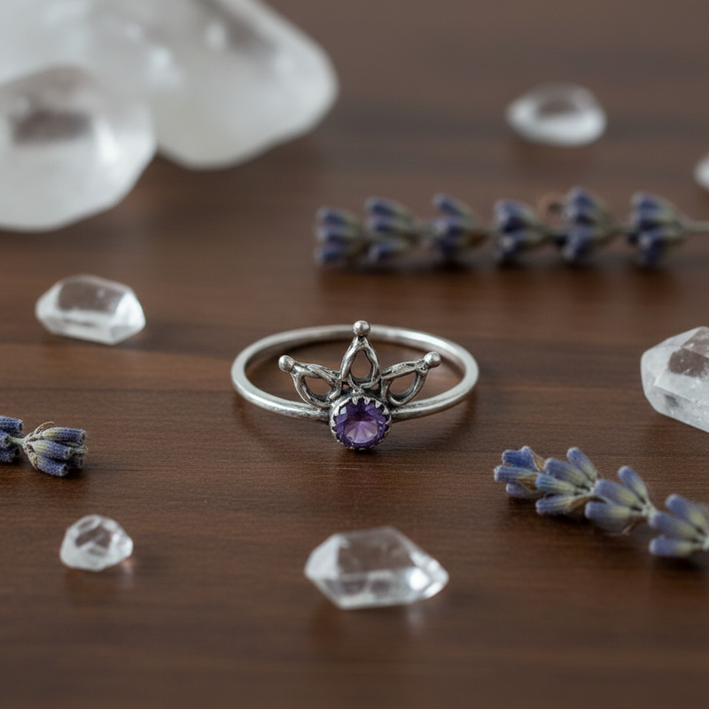 Silver ring with a purple gemstone on a wooden surface with crystals and lavender flowers.