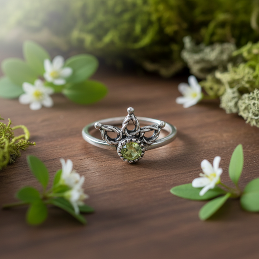 Silver ring with a green gemstone on a table surrounded by greenery and flowers.