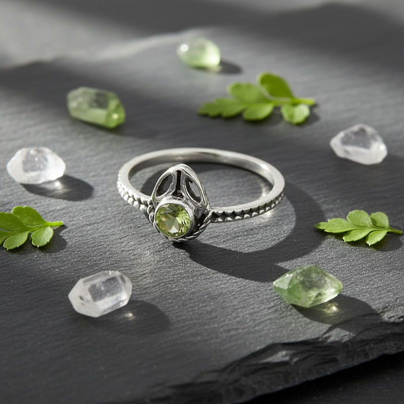 Silver ring with a green gemstone on a grey slate piece with leaves and crystals scattered around.