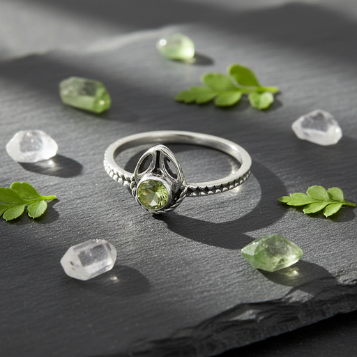 Silver ring with a green gemstone on a grey slate piece with leaves and crystals scattered around.