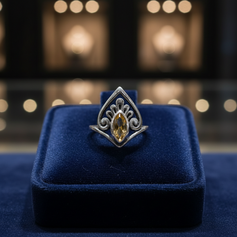 Silver ring with a yellow gemstone on a blue velvet cushion against a blurred background