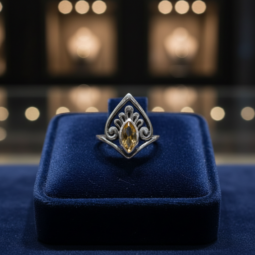 Silver ring with a yellow gemstone on a blue velvet cushion against a blurred background