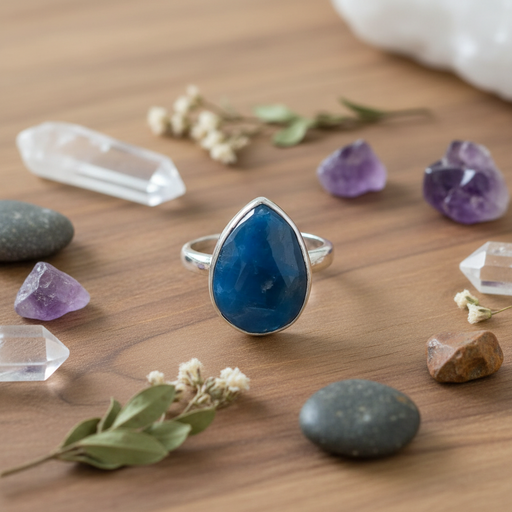Blue teardrop ring on a wooden surface with crystals and stones