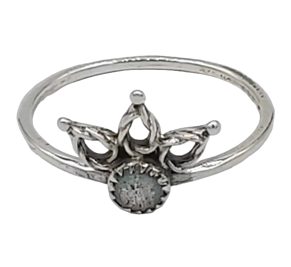 Silver ring with a decorative design on a white background