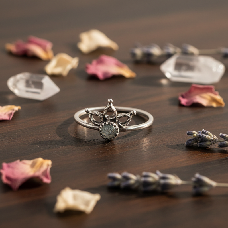 Silver ring with a decorative design on a table with roses, lavender and crystals around the ring.