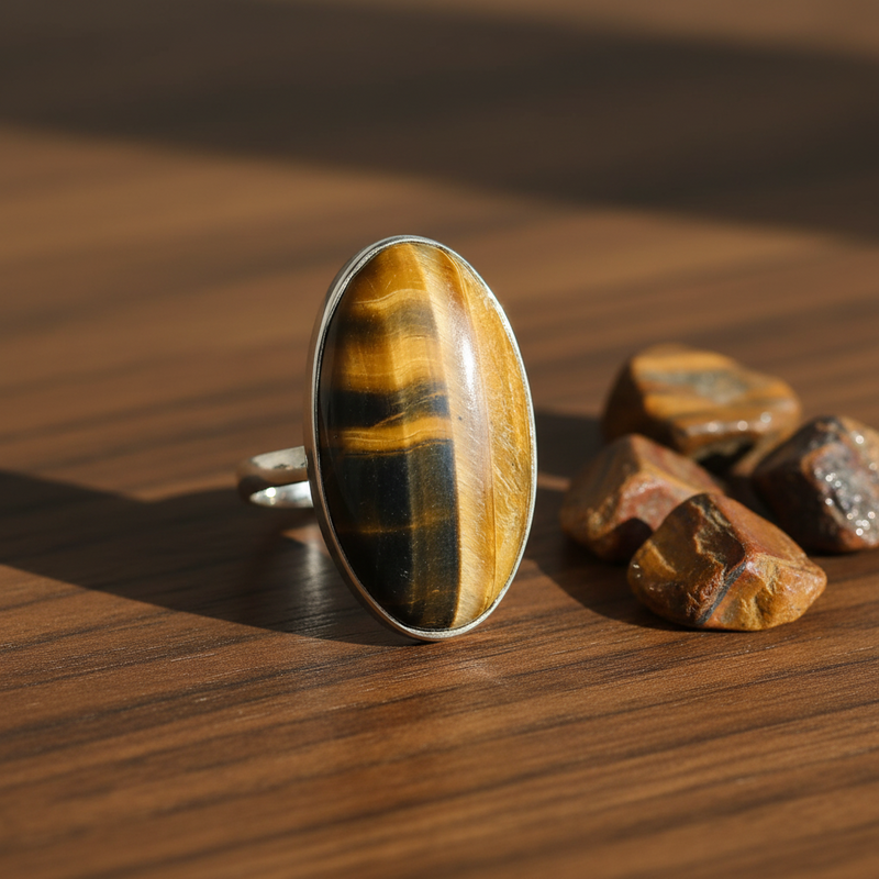 Ring with a large oval tiger's eye stone on a table with 4 tiger's eye stones.