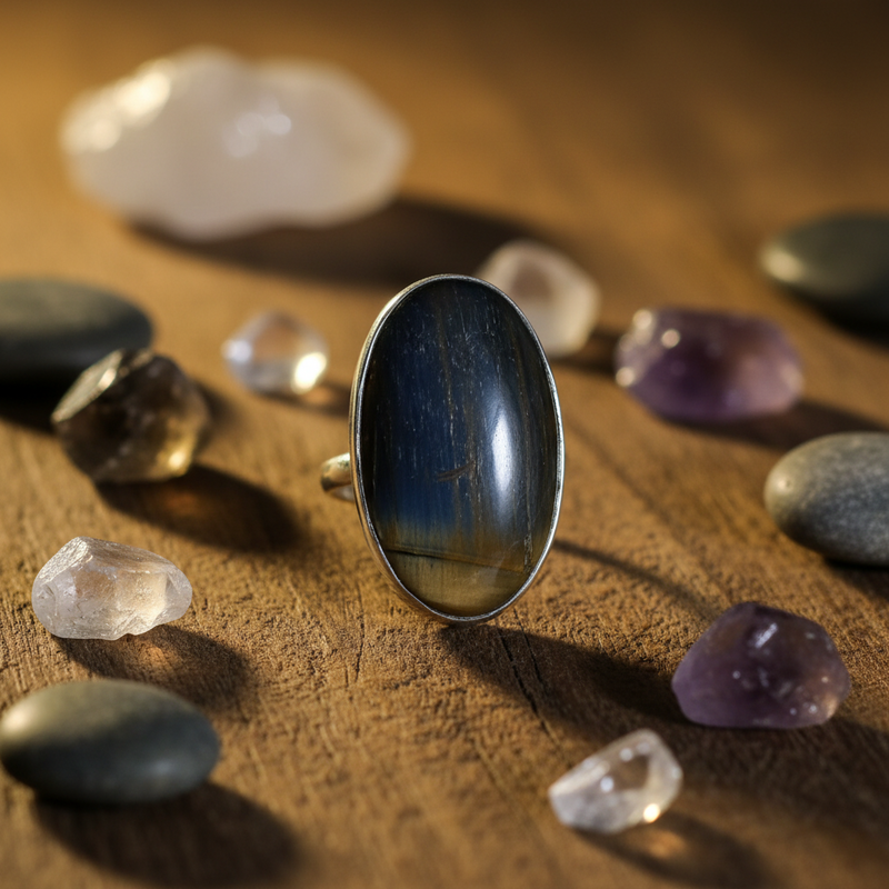 Silver ring with a dark stone on a wooden surface with various crystals