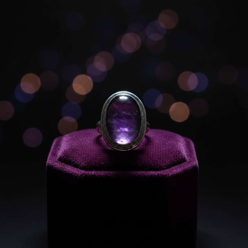Ring with a purple gemstone on a purple cushion against a dark background with bokeh lights