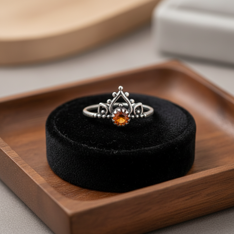 Silver ring with a central orange stone on a black riser in a wooden tray.