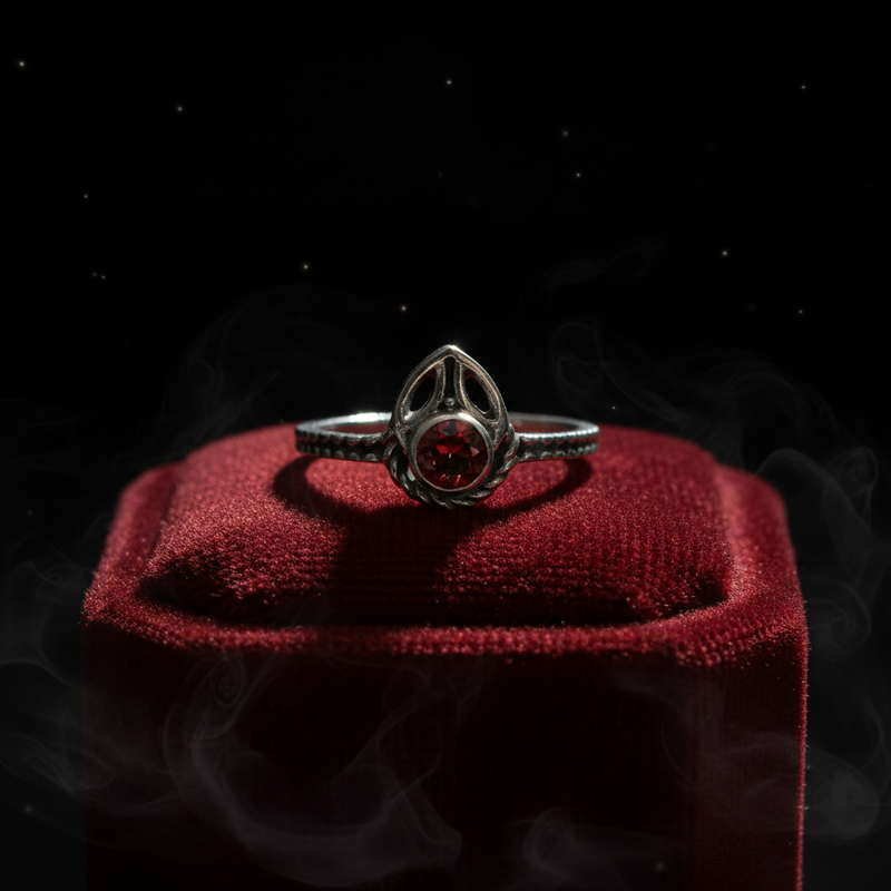 Silver ring with a red gemstone on a red velvet cushion against a dark background