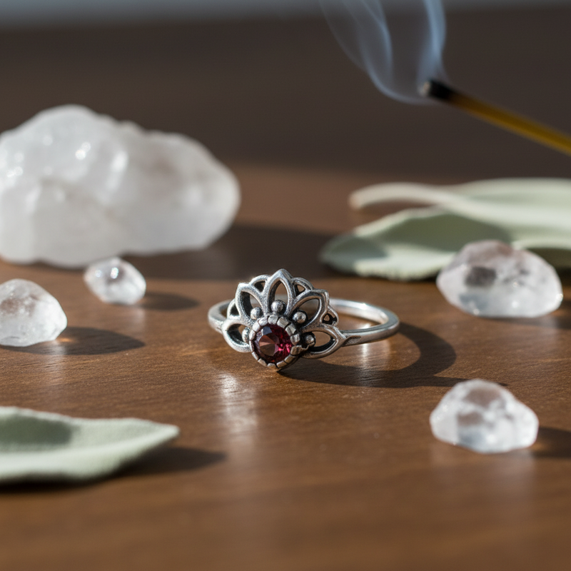 Silver ring with a red gemstone on a wooden surface with crystals and leaves.