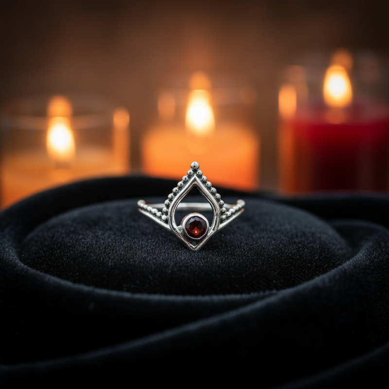 Silver ring with a red gemstone on a black velvet surface with blurred candles in the background