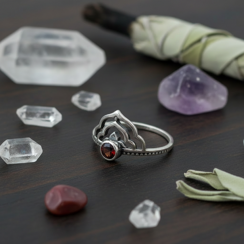 Silver ring with a red gemstone surrounded by crystals on a dark surface