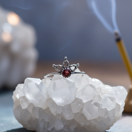 Silver ring with a red gemstone on a white crystal formation with a blurred background