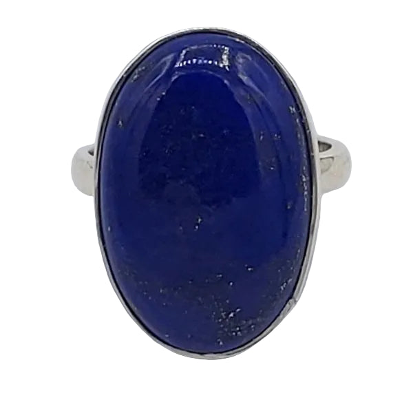 Ring with a large blue stone and silver band on a white background