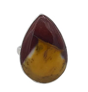 Teardrop-shaped Mookaite stone sterling silver ring on a white background