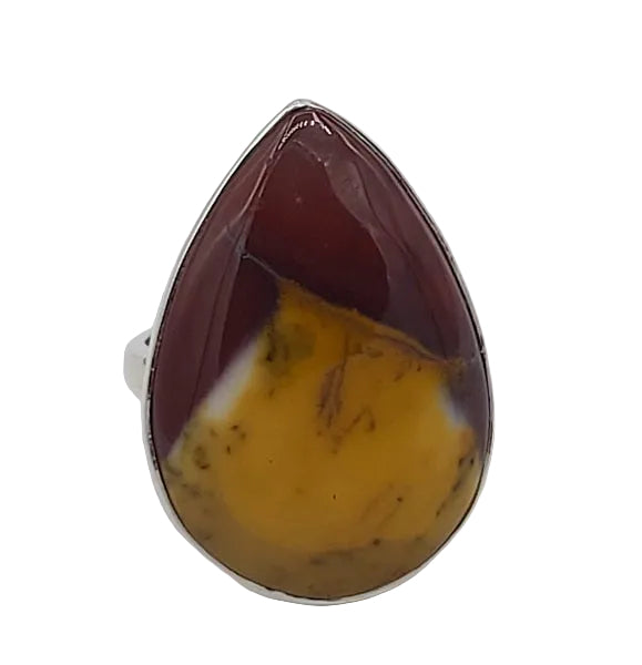 Teardrop-shaped Mookaite stone sterling silver ring on a white background