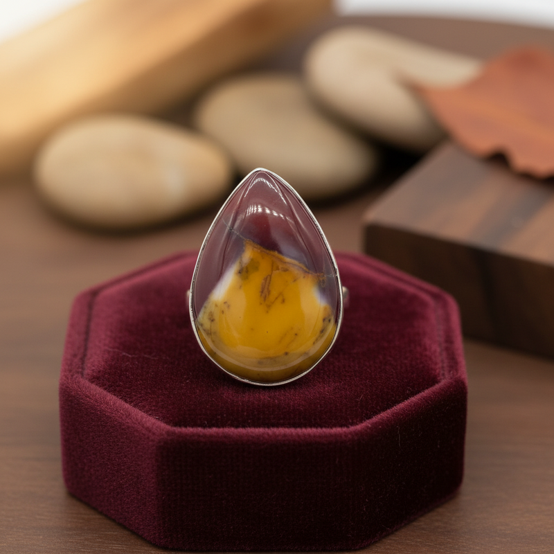 Teardrop-shaped Mookaite stone sterling silver ring on a burgundy riser.