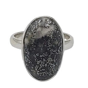 Silver ring with an oval stone on a white background