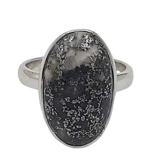 Silver ring with an oval stone on a white background