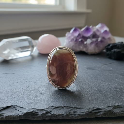 Ring with a large brown stone on a dark surface with crystals in the background