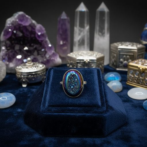 Ring with a colorful, iridescent stone on a blue pillow surrounded by crystals and jewellery boxes.