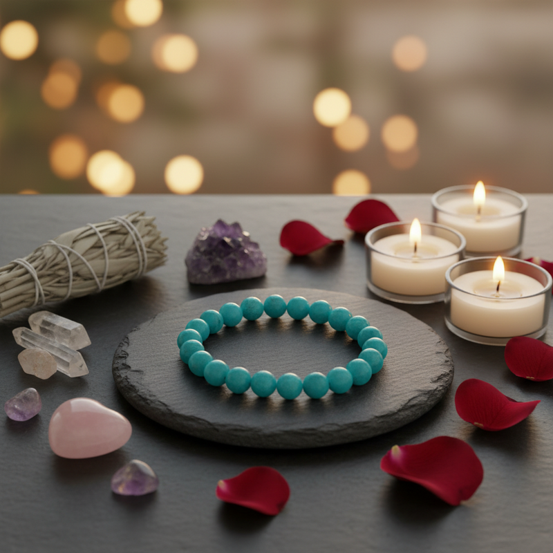 A turquoise beaded bracelet displayed on a dark slate coaster, surrounded by candles, rose petals, crystals, and a smudge bundle on a dark tabletop with a warm bokeh background.