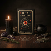 Book titled 'Hex Twisting' by Diana Rajchel with a candle and witchcraft items on a dark background