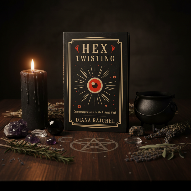 Book titled 'Hex Twisting' by Diana Rajchel with a candle and witchcraft items on a dark background