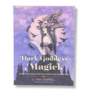 Book cover of 'Dark Goddess Magick' with a purple background and woman with wings illustration.