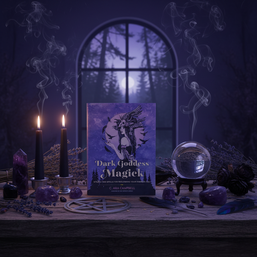 Magical setup with 'Dark Goddess Magick' book, candles, crystals, and a pentacle on a wooden surface.