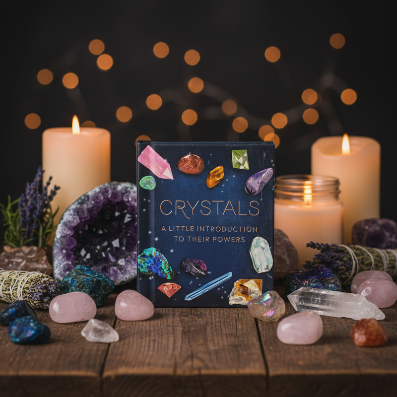 Book titled 'Crystals' surrounded by crystals and candles on a wooden surface with a dark background.