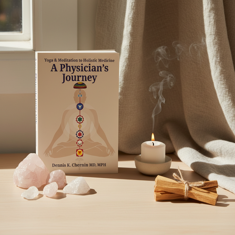 A book titled 'A Physician's Journey' by Dennis K. Chernin, MD, MPH, standing upright on a wooden surface.