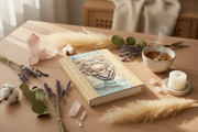 A styled tabletop scene with a softcover journal titled 'A Seeker's Tale' placed on a wooden table, surrounded by crystals, cotton bolls, eucalyptus leaves, lavender sprigs, a small bowl of tea, and a white candle.