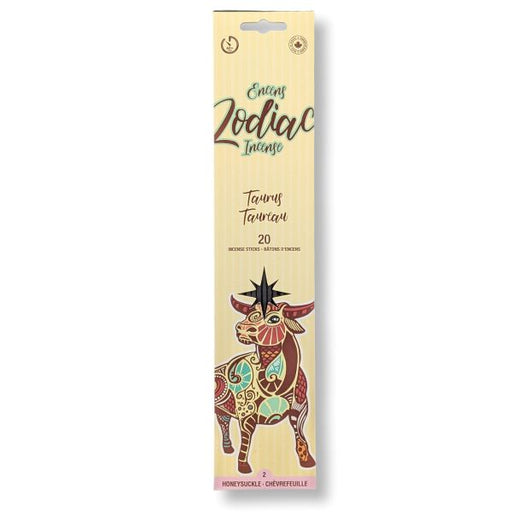Zodiac Taurus incense packaging with decorative bull illustration on a beige background