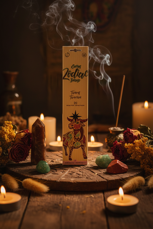 Incense packaging with a cow design on a wooden surface with candles and flowers.