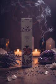 Incense stick packaging with decorative elements on a mystical background