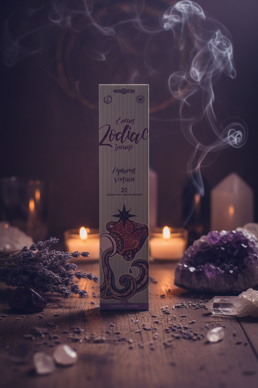 Incense stick packaging with decorative elements on a mystical background