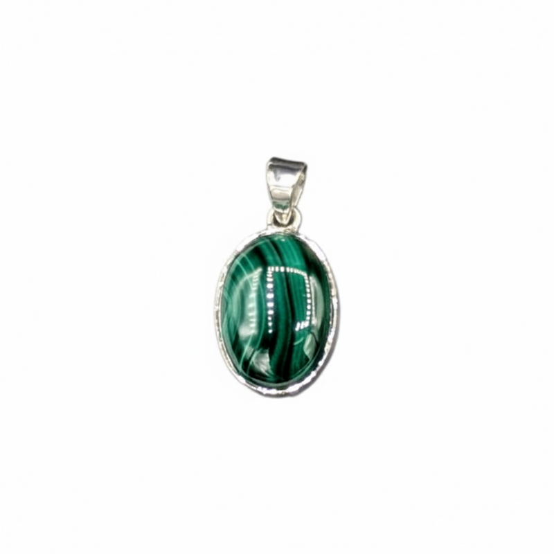 Green malachite pendant on a silver chain with a ruler for scale on a white background