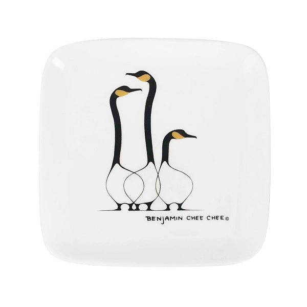 Square white plate with black and yellow goose illustrations and 'Benjamin Chee Chee' branding.