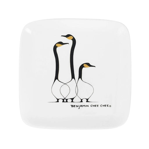 Square white plate with black and yellow goose illustrations and 'Benjamin Chee Chee' branding.