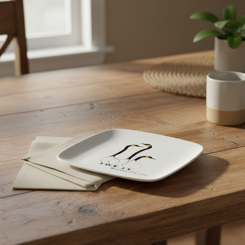 White ceramic plate with black design on a wooden table with a plant and cup in the background