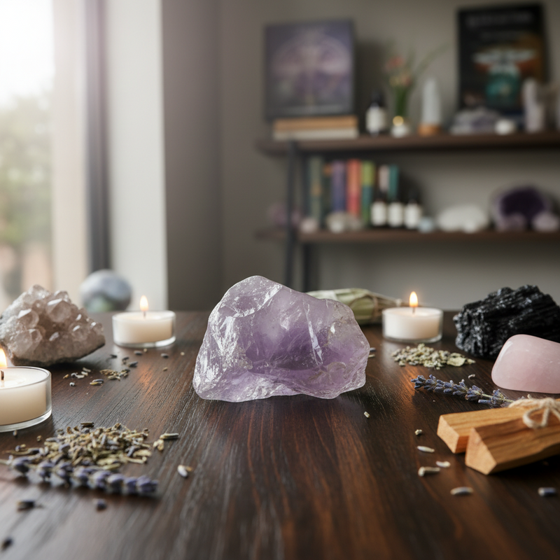 Amethyst crystal on a wooden surface with candles and other crystals in a blurred room setting