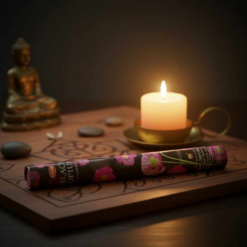 Black Opium Hem Incense Sticks on a wooden board with a Buddha statue, rocks and a candle 