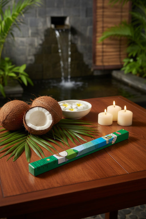 Box of HEM Coconut Incense Sticks on a table with coconuts, candles, and a bowl with flowers, waterfall feature in background 