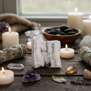 Tabletop setting with candles, crystals, and stones in a serene atmosphere.