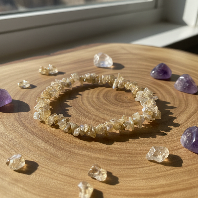 Crystal bracelet on a wooden surface with scattered crystals