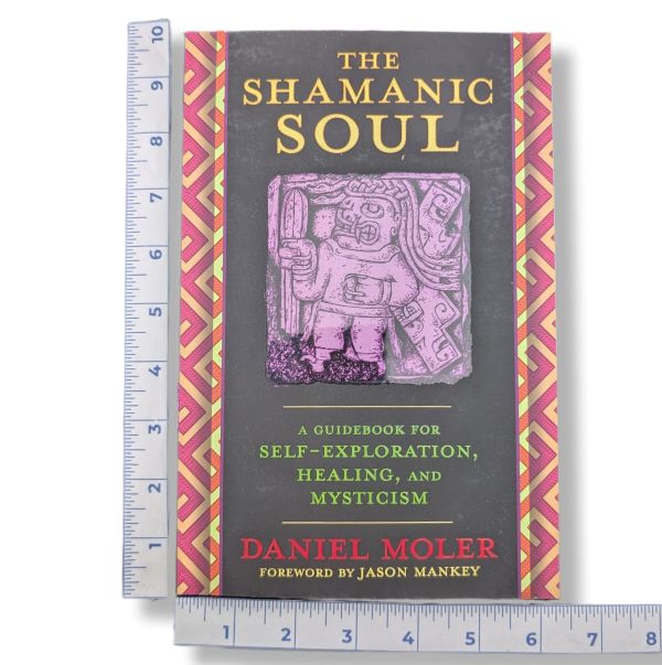The Shamanic Soul guidebook by Daniel Moler, displayed vertically with a metal ruler on each side to show its height and width against a white background.