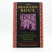The Shamanic Soul book by Daniel Moler, featuring a black cover with gold lettering, a purple Aztec-style illustration, and red and gold patterned side borders, photographed on a white background.