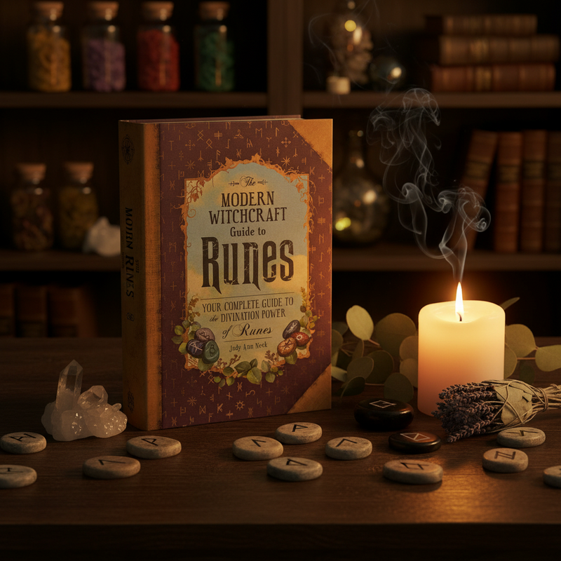 Book titled 'The Modern Witchcraft Guide to Runes' on a table with candles and runes stones in a mystical setting.